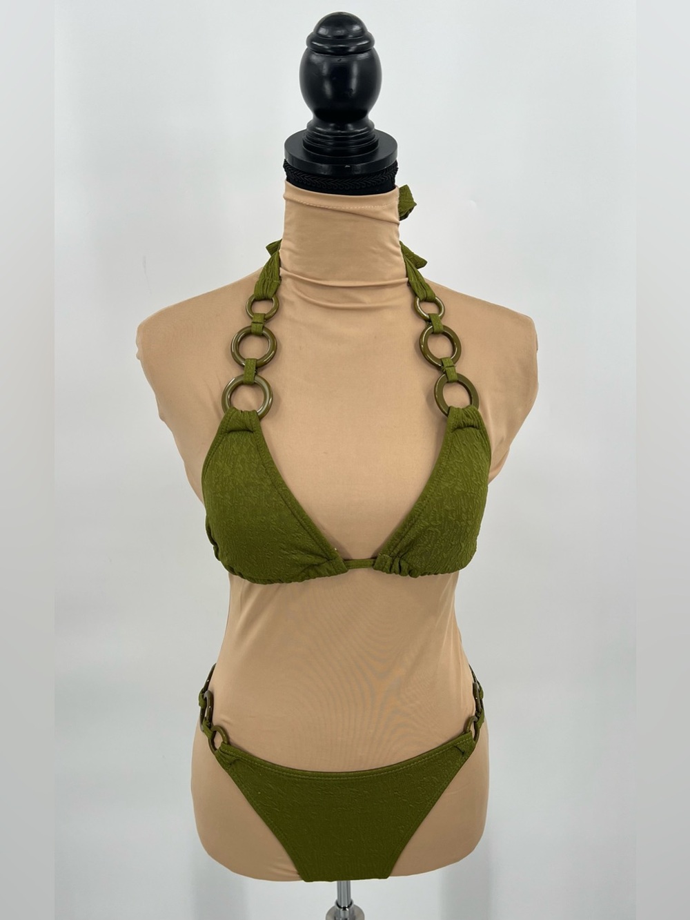 Olive green ring detail textured bikini S euro summer resortwear tulum swimwear - Picture 2 of 14